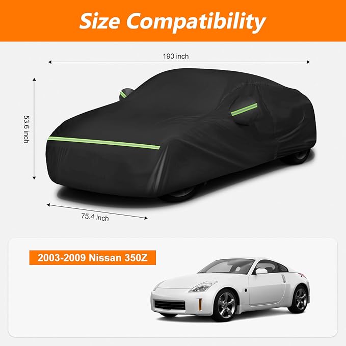 Car Cover Waterproof for 2003-2009 Nissan 350Z, Waterproof 210D Oxford Cloth and Cotton Cover Outdoor Full Car Covers with Zipper Windproof Heavy Duty All Weather with Wind, Sun, UV and Dust Protectio