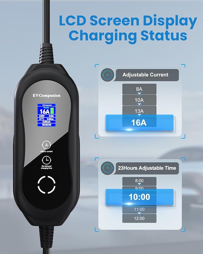 Level 1 & Level 2 EV Charger - 16A Adjustable Current, Timer Function | 110V-240V, 21FT Cable | Compatible with All SAE J1772 EVs/PHEVs | NEMA 6-20 Plug & 5-15 Adapter