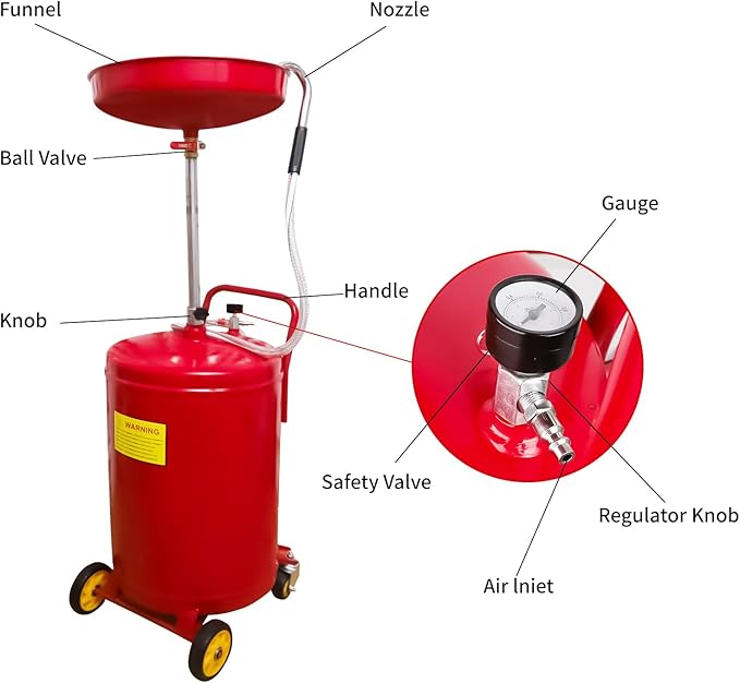 Aain 20 Gallon Portable Oil Drain Container,Waste Oil Drain Tank,Air Operated Drainer for Oil Change,Portable Fluid Drain Disposal with Adjustable Height,Heavy Duty Construction with Wheels