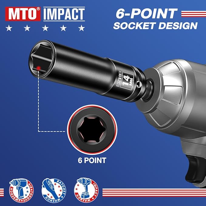 MTO 1/2" Drive 14mm Deep Impact Socket, 6-Point Metric Socket for Automotive Maintaince, CR-V Steel Meets ANSI Standards
