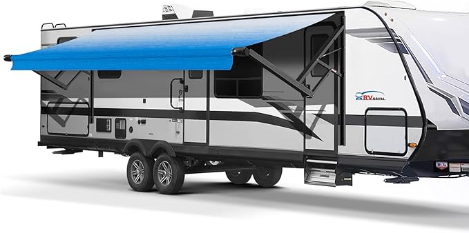Black Electric Power RV Awning Frame and Fabric Assemblies Full Set for RV,5th Wheel,Travel Trailers,Toy Haulers,and Motorhome RV Trailer Awning for Home or Camper (13Feet, Blue Fade)