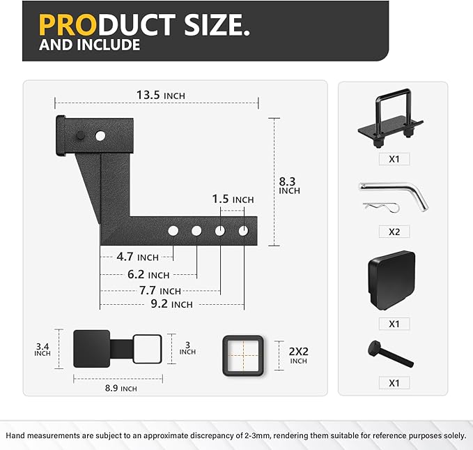 Tow Hitch 2 Inch, Trailer Hitch Extension Riser for 2-Inch Receiver, 6.6" Rise/Drop, Adjustable Lengths 5", 6", 8", 9", Solid Tube, 7500 lbs Capacity, Includes Bolt, Nut & Clip, Matte Black