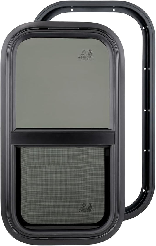 Dulepax Vertical RV Window, 12" W x 24" H Tinted Slide Trailer Window, Tempered Glass Camper Window Replacement with Net Screen and Trim Ring, DOT Approved