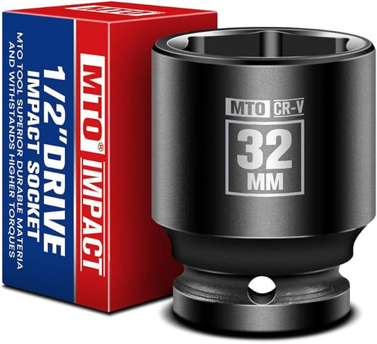 MTO 1/2" Drive 32mm Shallow Impact Socket, 6-Point Metric Socket for Automotive Maintaince, CR-V Steel Meets ANSI Standards