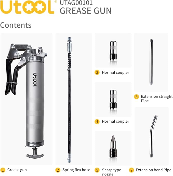 UTOOL Grease Gun, 8000 PSI Heavy Duty Pistol Grip Grease Gun Kit with 14 oz Capacity, 18 Inch Resin Flex Hose, 2 Basic Coupler, 2 Extension Rigid Pipe and 1 Sharp Type Nozzle, Silver