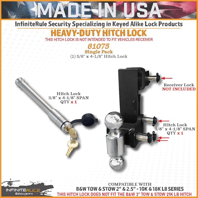 61075 | Hitch Lock for B&W 2" & 2.5" Tow and Stow 10K LB & 18K LB - Fits Adjustable Ball Mount Only - Does NOT FIT Vehicle Receiver