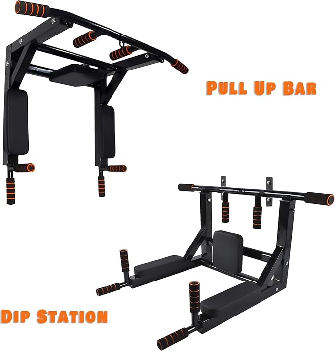 Wall Mounted Pull Up Bar Chin Up bar Multifunctional Adjustable Dip Station for Indoor Home Gym Workout, Power Tower Set Training Equipment Fitness Dip Stand Supports to 440 Lbs (Black)