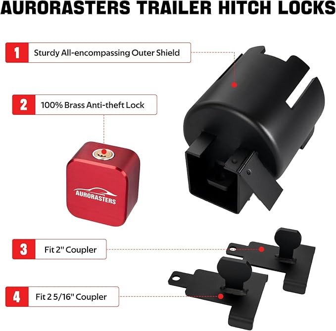 Trailer Lock fits 2" and 2 5/16 Coupler,Heavy Duty Trailer Tongue Coupler Lock Anti Theft for RV Travel/Utility/Pickup/Boat/Camper Trailer-Red