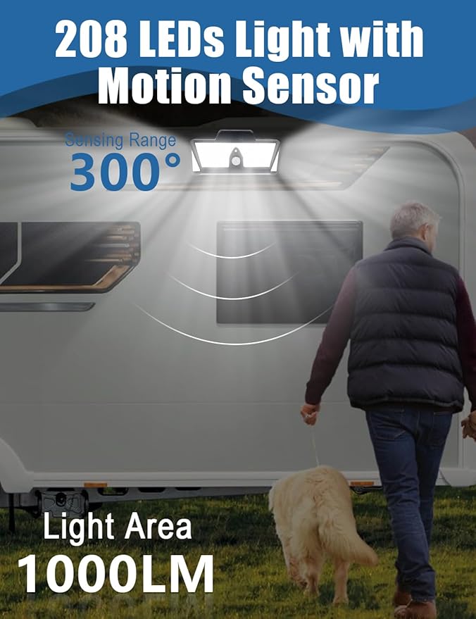 Chelhead Solar RV Exterior Light, 208 Led Amber White RV Porch Lights with Motion Activated, Remote Control, Clip On Camper Lights for Outdoor Compatible with for RV Camper Trailers Truck
