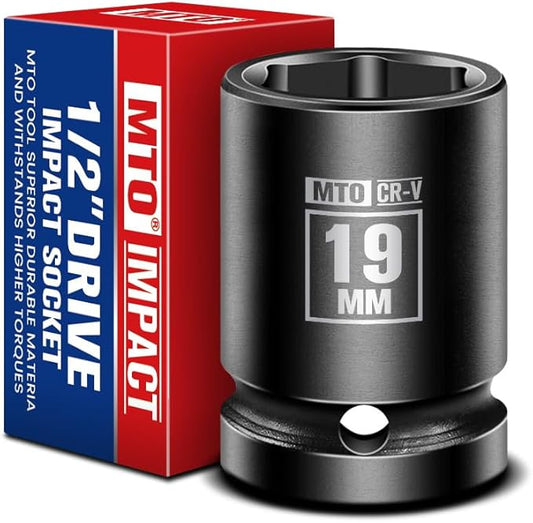 MTO 1/2" Drive 19mm Shallow Impact Socket, 6-Point Metric Socket for Automotive Maintaince, CR-V Steel Meets ANSI Standards