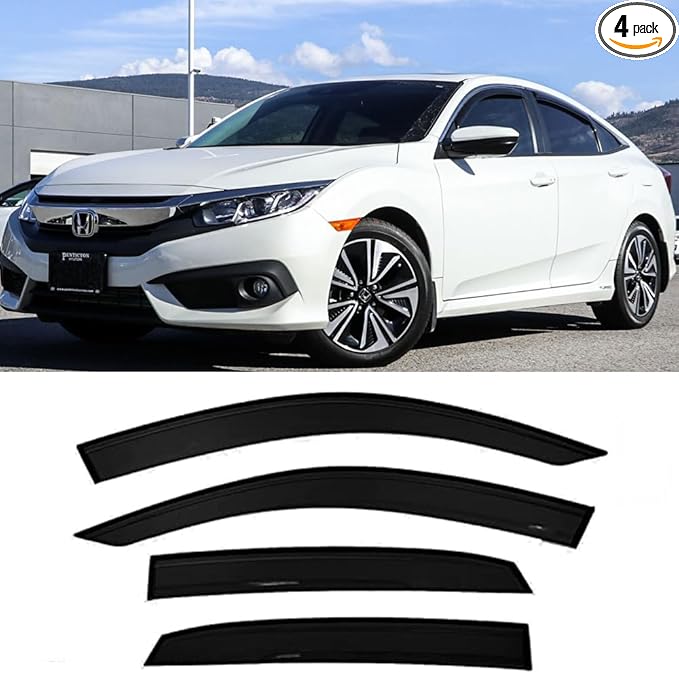 94682 Side Window Visor Wind Vent Deflector fit for 2016-2021 Honda Civic Sedan,4pc Outside Mount Style Dark Smoke Shade Sun Rain Guards Set