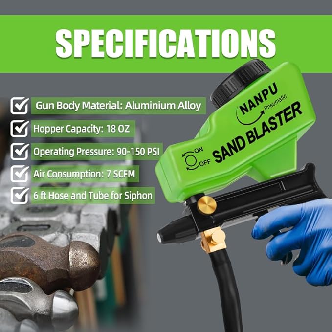 NANPU Light-Duty Air Sandblaster Gun Kit with Siphon & Gravity Feed, Ceramic Nozzle, Metal Body, for Small Project Surface Prep, Paint & Rust Removal, Metal/Wood/Glass Etching, Requires Air Compressor