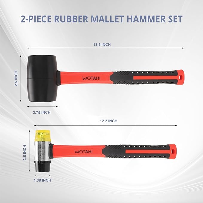 2-Piece Hammer Set - 16 oz Rubber Mallet Hammer and 35 mm Double-Faced Soft Hammer with Solid Head and Soft Grip Fiberglass Handle,2 Piece Rubber Mallet Set