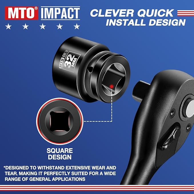 MTO 1/2" Drive 32mm Shallow Impact Socket, 6-Point Metric Socket for Automotive Maintaince, CR-V Steel Meets ANSI Standards