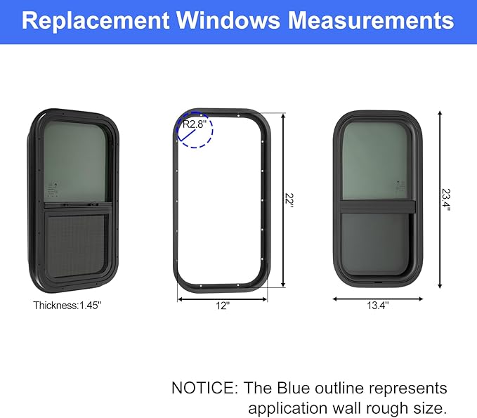 12" W x 22" H RV Window Vertical Sliding, DOT Certified - Shatterproof Tempered Tinted Glass, with Net Screen and Trim Ring, Teardrop Replacement Trailer Camper Window