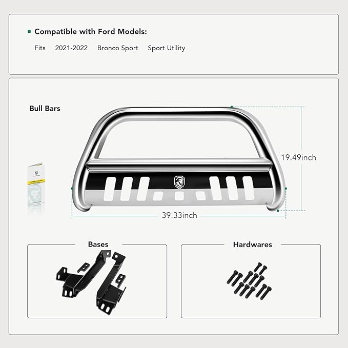 YHTAUTO 3" Bull Bar Push Bar with Skid Plate Light Mount Fit Ford Models, Bronco Sport 2021-2022 Sport Utility, S/S 304 Brush Guard for Truck Front Bumper Off Road Accessories