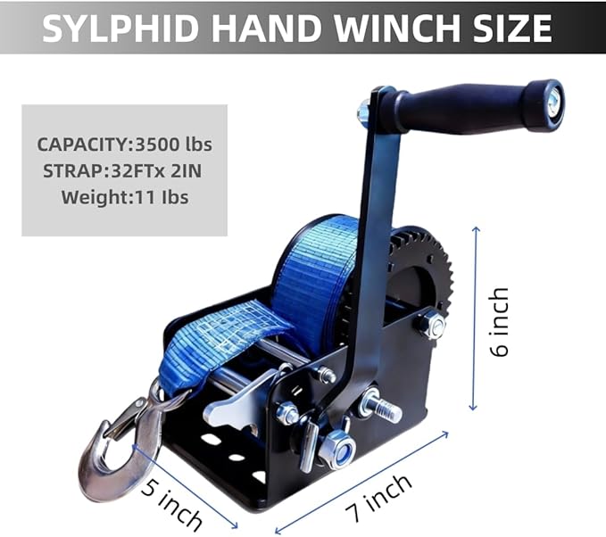 SYLPHID 3500lbs Heavy Duty Boat Trailer Winch with 32FT Strap, Portable Hand Crank Winch for Boat, Truck, Trailer, RV, ATV, Jet Ski (3500Lbs with 32FT Strap)