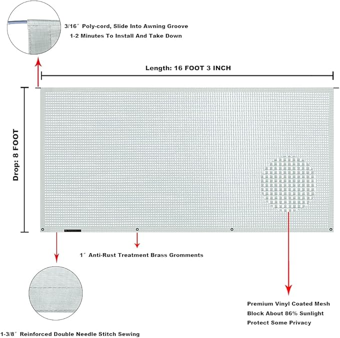Tentproinc RV Awning Sun Shade Screen 8' X 16' 3'' (Fit for 17' Awning) Mesh Screen Sunshade Screenshade for Motorhome Camper Trailer Awning Sunshade Screen UV Blocker - 3 Year Warranty (Gray)