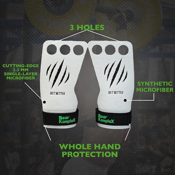 Bear KompleX 3 Hole Pinnacle Hand Grips for Workouts, Pull-ups, Weightlifting, WOD Gymnastics, Crosstraining Palm Grips with Wrist Wraps, Hand Protection from Rips and Blisters
