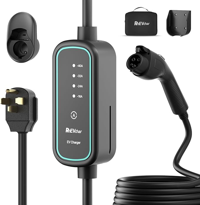 40A Level 2 EV Charger Portable J1772 Adjustable Amps 240V Mobile Electric Car Chargers with NEMA 14-50 Plug, 25FT Cable, Wall Mount Holster, Travel Storage Bag Included