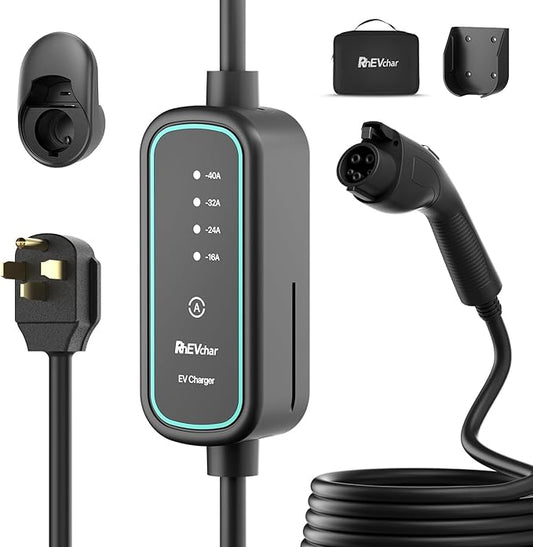 40A Level 2 EV Charger Portable J1772 Adjustable Amps 240V Mobile Electric Car Chargers with NEMA 14-50 Plug, 25FT Cable, Wall Mount Holster, Travel Storage Bag Included