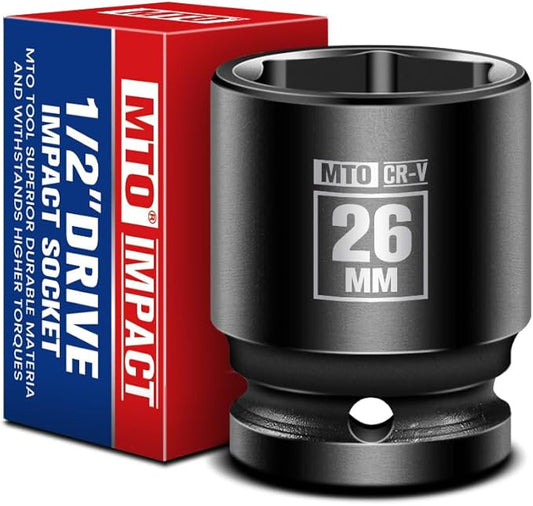 MTO 1/2" Drive 26mm Shallow Impact Socket, 6-Point Metric Socket for Automotive Maintaince, CR-V Steel Meets ANSI Standards
