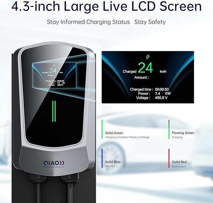 QIAO Level 2 EV Charger Hardwired, Home Charging Station UP to 48A, 240V with Smart APP & Scheduled Charging, J1772 Compatible for All EVs/PHEVs, 25ft Cable, 4.3in Display, IP65 Waterproof