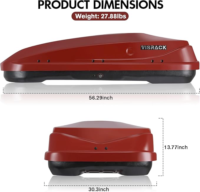Hard Shell Roof Cargo Carrier with Security Keys, Roof Box, Cargo Box, 56 (L) x 30 (W) x 13.7(H) Inches, 13 Cubic Feet (Tool-Free Install), Red