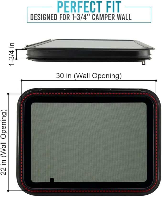 PRO FLEX RV Emergency Exit Window 30” W X 22” H–Heavy Duty Ultra Thick Tempered Glass, RV Camper Window Replacement with Trim Kit for 1-3/4’’ Wall Thickness– Easy Installation, DOT Certified