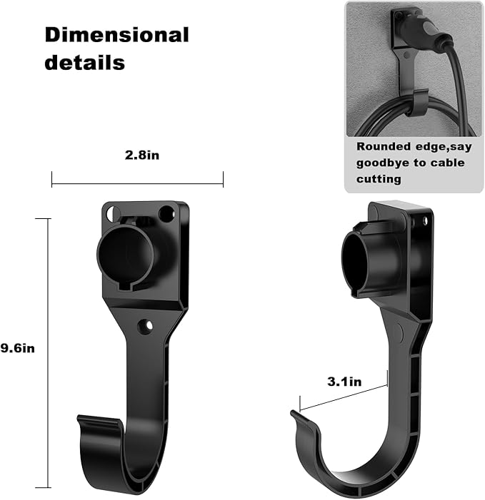 EV Charger Holder for SAE J1772 Charger, Wall-Mount Electric Vehicle Charger Holster with Hook for J1772 Connector, 3 pcs Screws, 3 pcs Wall Anchors, 3 pcs Dust Caps
