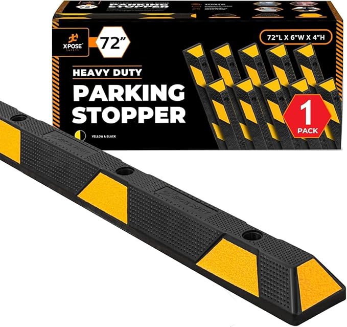 Xpose Safety 72" Heavy Duty Rubber Parking Stopper – 1 Pack Wheel Blocks for Garage, Driveway, or Ramp – Car Bumper Stop with Yellow Reflective Strips – Removable Floor Mount
