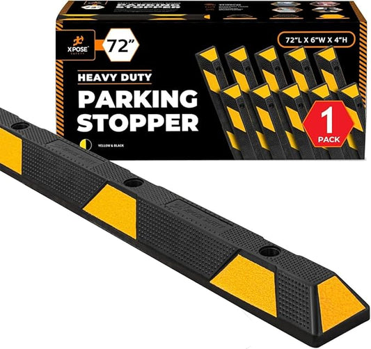 Xpose Safety 72" Heavy Duty Rubber Parking Stopper – 1 Pack Wheel Blocks for Garage, Driveway, or Ramp – Car Bumper Stop with Yellow Reflective Strips – Removable Floor Mount