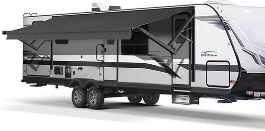 Black Electric Power RV Awning Frame and Fabric Assemblies Full Set for RV,5th Wheel,Travel Trailers,Toy Haulers,and Motorhome RV Trailer Awning for Home or Camper (14Feet, Black Solid)