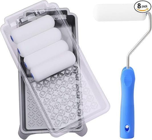 Mister Rui Foam Paint Roller, 4 inch Paint Roller 8 Pack, Small Paint Roller, High Density Foam Paint Roller Tray and Liner Set, Sponge Rollers for Painting and Staining