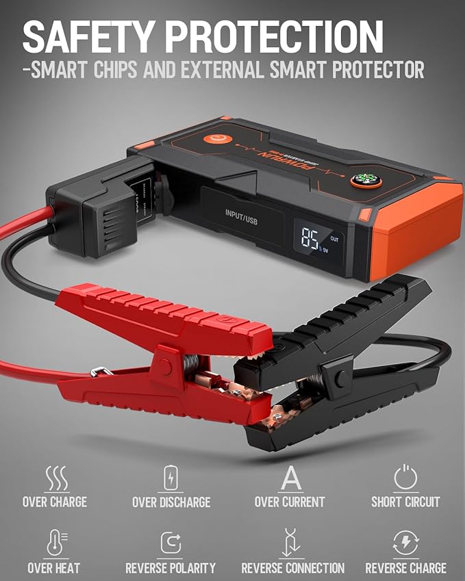 Powrun P-ONE Jump Starter, 2000A Portable Jump Box - Car Jump Starter Battery Pack for up to 8.0L Gas and 6.5L Diesel Engines, 12V Battery Jump Starter with Carry Case (Orange)