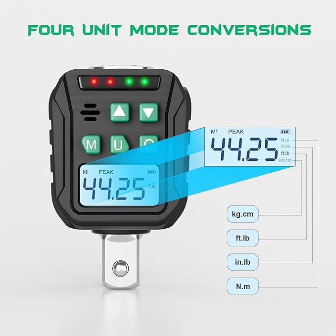 1/2-Inch Digital Torque Adapter, 2.21-44.25 Ft.lb/3-60 N.m, Electronic Torque Wrench Converter with ±2% Accuracy, Preset Function, Data Storage, 3/8” & 1/4” Adapter for Bike, Motorcycle, Car