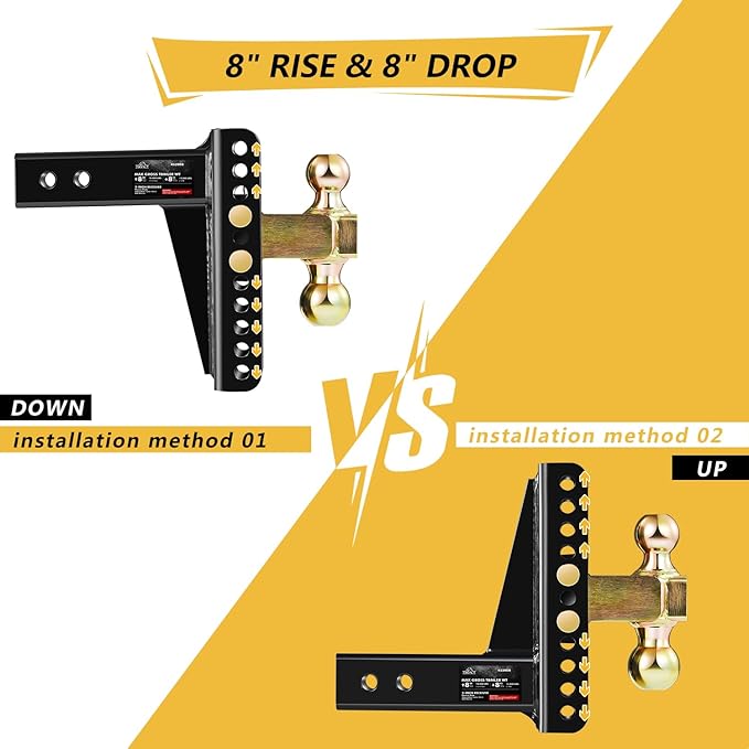 Adjustable Trailer Hitch, Fits 2.0-Inch Receiver, 8-Inch Drop/Rise,2" & 2-5/16" Ball Hitches for Trucks, 18,000 LBS GTW - Receiver Hitch with Anti-Theft Pin, Solid Ball Mount, BLK,X-452008