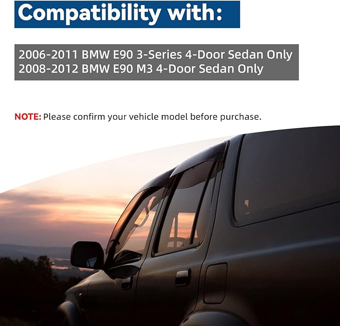 4pcs Front+Rear Smoke Tint Sun/Rain Guard Outside Mount Tape-On Vent Window Visors Compatible with 06-11 BMW E90 3-Series 08-12 M3 4-Door Sedan 323 325 328 330 335 i xdrive xi d