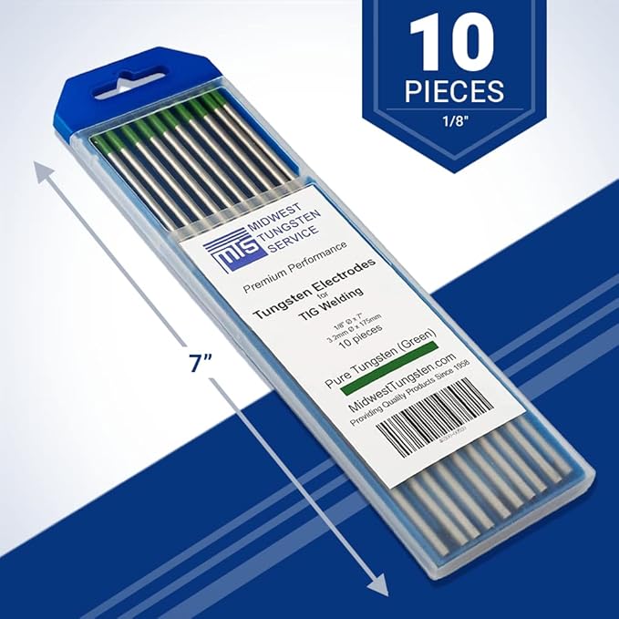 Midwest Tungsten Service TIG Welding Tungsten Electrodes 10-Pack (Green - Pure Tungsten (WP, EWP), 1/8")