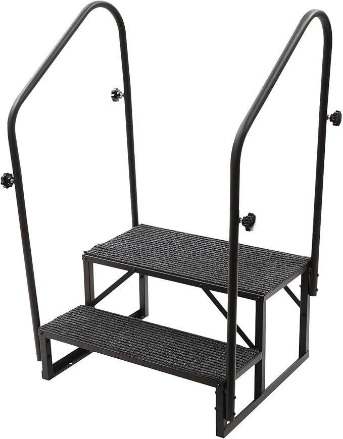RV Steps with Two handrails, 2 Steps Mobile Home Stairs Steps Outdoor, Hot Tub Steps with handrail, Portable Stairs for Travel Trailer Camper with 2Pcs Non-Slip Step Mats