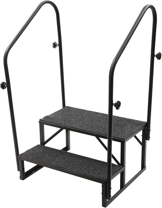 RV Steps with Two handrails, 2 Steps Mobile Home Stairs Steps Outdoor, Hot Tub Steps with handrail, Portable Stairs for Travel Trailer Camper with 2Pcs Non-Slip Step Mats