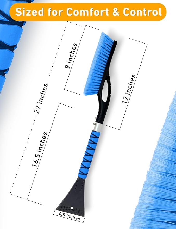 EcoNour 27" Aluminum Snow Brush with Ice Scrapers for Car Windshield and Window | Car Snow Scraper and Brush with Ergonomic Foam Grip Winter Accessories (Blue)