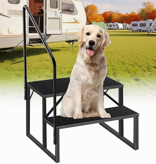 RV Steps with Handrail, 2 Step RV Stairs 660lbs Load Capacity, Heavy Duty Camper Steps with Wide & Anti-Slip Platform, Portable Outdoor Metal Entry Stairs for Hot Tub, Mobile Home, Travel Trailers