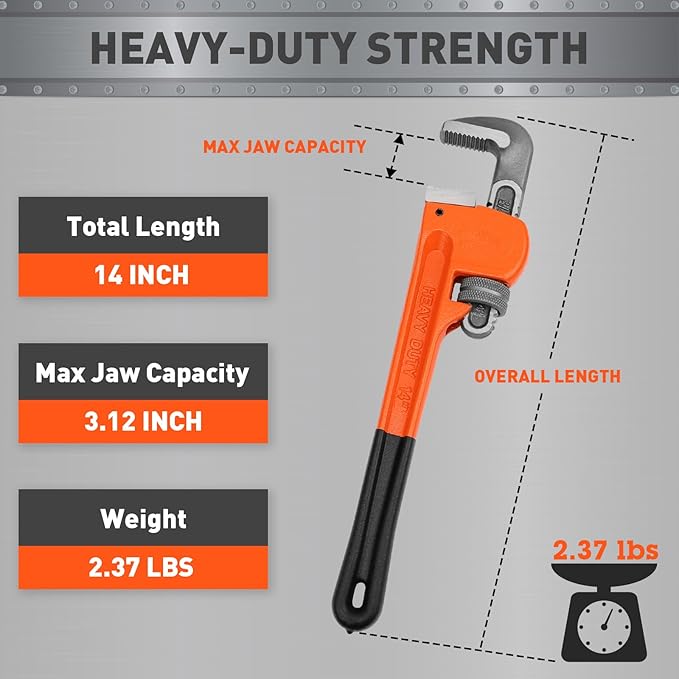 HORUSDY 14-Inch Heavy Duty Straight Pipe Wrench, Quick-Adjust Sturdy Plumbers Wrench with Soft Grip Handle, Straight Jaw Plumbing Tool for Pipe, Household Use, Vehicle Repair