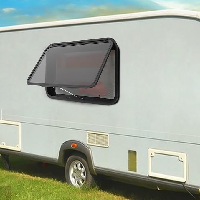 RV Exit Window, 36" W x 22" H Aluminum Camper RV Push Side Emergency Window Replacement Tempered Glass W/Trim Ring & Net Screen for Cargo Trailer Camper Van Truck