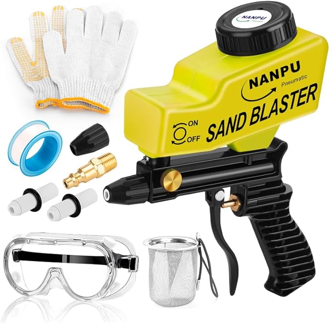 NANPU Light-Duty Air Sandblaster Gun Kit with Gravity Feed, Ceramic Nozzle, Metal Body, for Small Project Surface Prep, Paint & Rust Removal, Metal/Wood/Glass Etching, Requires Air Compressor