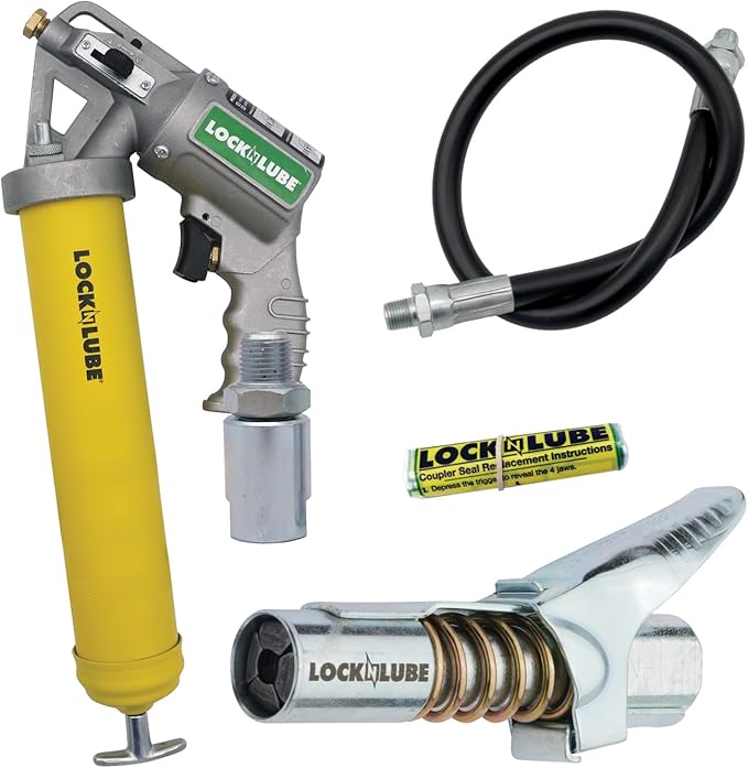 LockNLube 2-in-1 Pneumatic Grease Gun with Single Shot & Continuous Modes. Single-Shot and Continuous delivery Modes in one Grease Gun! Easily Switch delivery Mode with The Sliding Selection Lever.