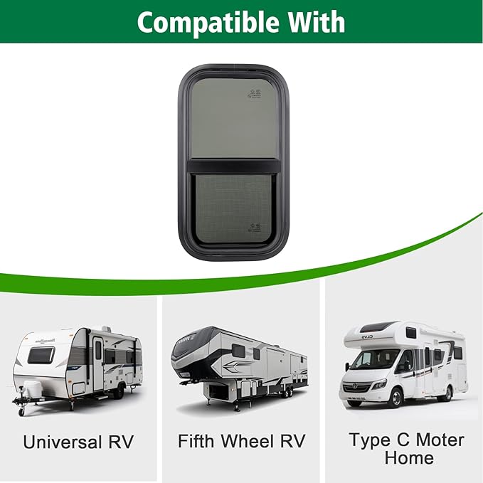 Dulepax Vertical RV Window, 18" W x 30" H Tinted Slide Trailer Window, Tempered Glass Camper Window Replacement with Net Screen and Trim Ring, DOT Approved