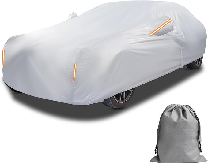 Caromop 10-Layer Waterproof Car Cover All Weather Protection (Snow, Rain, Sun) with Secure Fit Straps and Easy On/Off Zipper-Size A3 (See Size-Chart)
