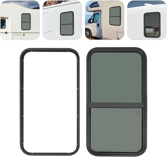 RV Window, Teardrop Vertical Slide Black RV Window, 18" W x 35" H Vertical Sliding Window Camper Trailer Window Vertical Sliding Replacement Glass W/Trim Ring